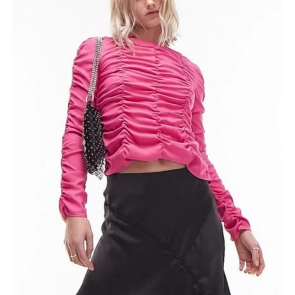 Topshop Women's Long Sleeve Ruched Shirred Top in Pink Size 6